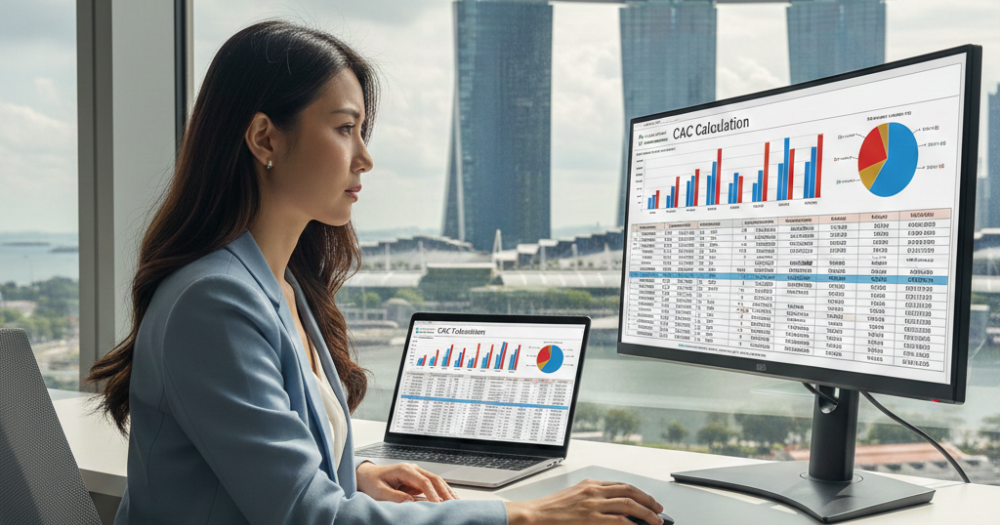 Singapore business owner calculating max profitable CAC using spreadsheet optimization strategies - ThriveMediaSG digital marketing guide