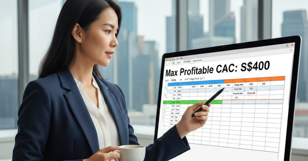 A Singapore-based marketing expert reviews a data-driven spreadsheet showing the Max Profitable CAC formula, demonstrating the agency Thrivemediasg's commitment to profitable, precise customer acquisition strategies