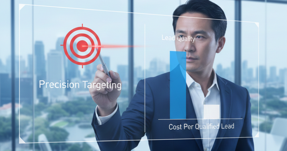 Singapore B2B marketer using laser-focused precision targeting and high-intent bidding to generate high-ticket service leads with Google Ads, resulting in a higher ROAS, powered by Thrivemediasg.