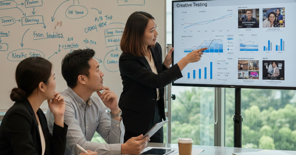 Thrivemediasg team implementing systematic creative testing framework for Singapore digital advertising campaigns with performance dashboards