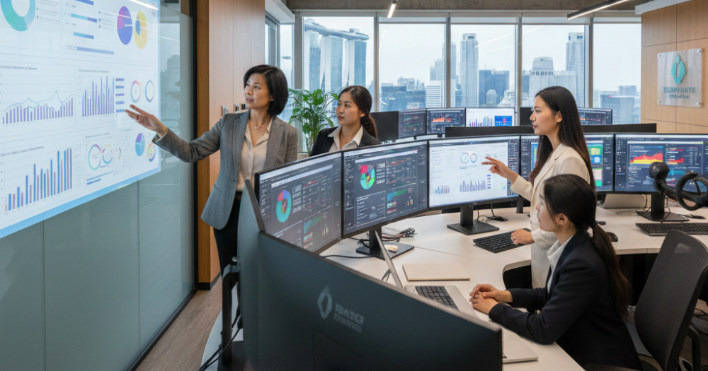 Thrivemediasg visual showing an exit-ready business system with automated dashboards in a Singapore office