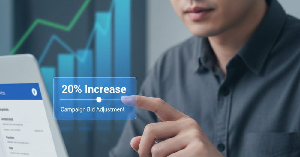 A digital marketer carefully applies The 20% Scaling Rule to their ad budget on a laptop screen, demonstrating the calculated, data-driven strategy employed by Thrivemediasg for efficient ad spend scaling.