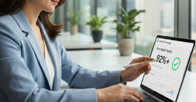Asian marketing analyst checking a laptop screen showing a Conversions API Event Match Quality score of 95% with a high-fidelity data chart, highlighting the success of the Thrivemediasg tracking strategy.