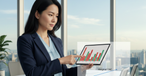 Professional Asian executive reviewing a Marginal CAC chart on a tablet against the Singapore skyline, illustrating profitable scaling strategies by Thrivemediasg.