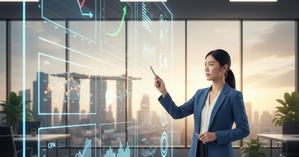 Confident Asian professional in Singapore using a dashboard to monitor the successful low CPA results from Thrivemediasg’s Automated Creative Testing at Scale with CBO and PMax frameworks.