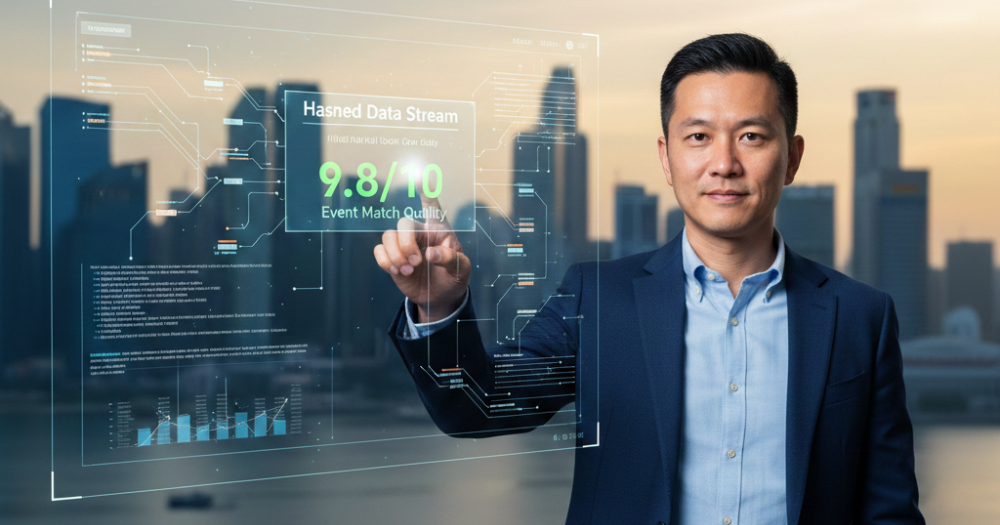 A Singapore-based digital marketing expert, confidently showcasing a Server-Side Google Tag Manager dashboard with an 'Excellent' Event Match Quality score, illustrating the data precision provided by Thrivemediasg.