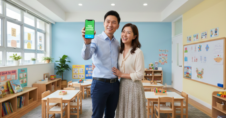 A focused Asian father and mother at a Singapore preschool viewing a 'Tour Booked' screen, demonstrating Thrivemediasg's CAPI high-value conversion strategy.