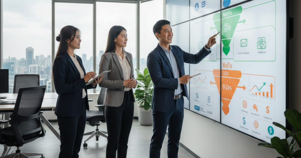 Thrivemediasg marketing team in Singapore successfully analyzing a Full-Funnel Sequencing dashboard to optimize educational retargeting strategies and achieve lower Max Profitable CAC