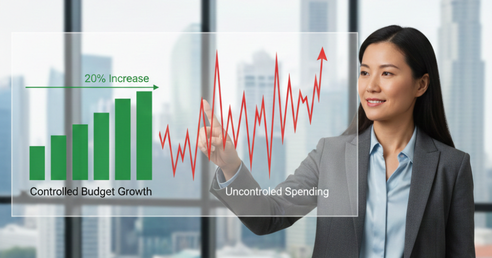 A confident Asian founder in Singapore analyzing a digital chart showing controlled 20% ad budget scaling versus a spiking, uncontrolled line, demonstrating data-driven growth strategies by Thrivemediasg.