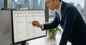 Focused Singapore business owner calculating Max Profitable CAC using an Excel Paid Ads Forecasting Framework, emphasizing data-driven strategy by Thrivemediasg.