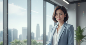 Professional Asian marketing manager in Singapore celebrating a high 9.5 Event Match Quality score with Thrivemediasg’s CAPI strategy, leading to a reduced Customer Acquisition Cost (CAC) on her dashboard.