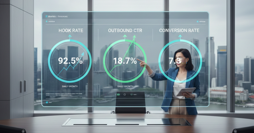 Data dashboard highlighting high Hook Rate, Outbound CTR, and Conversion Rate with a background showing the Singapore skyline. Image by Thrivemediasg.