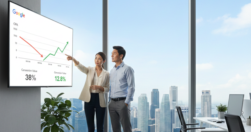 A diverse Asian B2B team in a modern Singapore office analyzing a data chart on a large screen, with the Thrivemediasg logo subtlely integrated into the dashboard, illustrating successful Intent Bidding for High-Ticket B2B Services in Singapore.