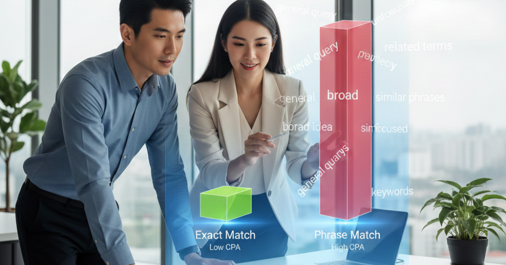 Two Asian business professionals in Singapore reviewing a digital chart that visually compares the high-precision, low-CPA performance of Exact Match vs Phrase Match for B2B Google Ads, demonstrating the core strategy promoted by Thrivemediasg.